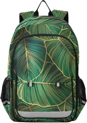 Tropical Leaves Gold Dark Green Teal Children's Schoolbag, Cute Bookbags for Girls, Kids Backpack for Travel