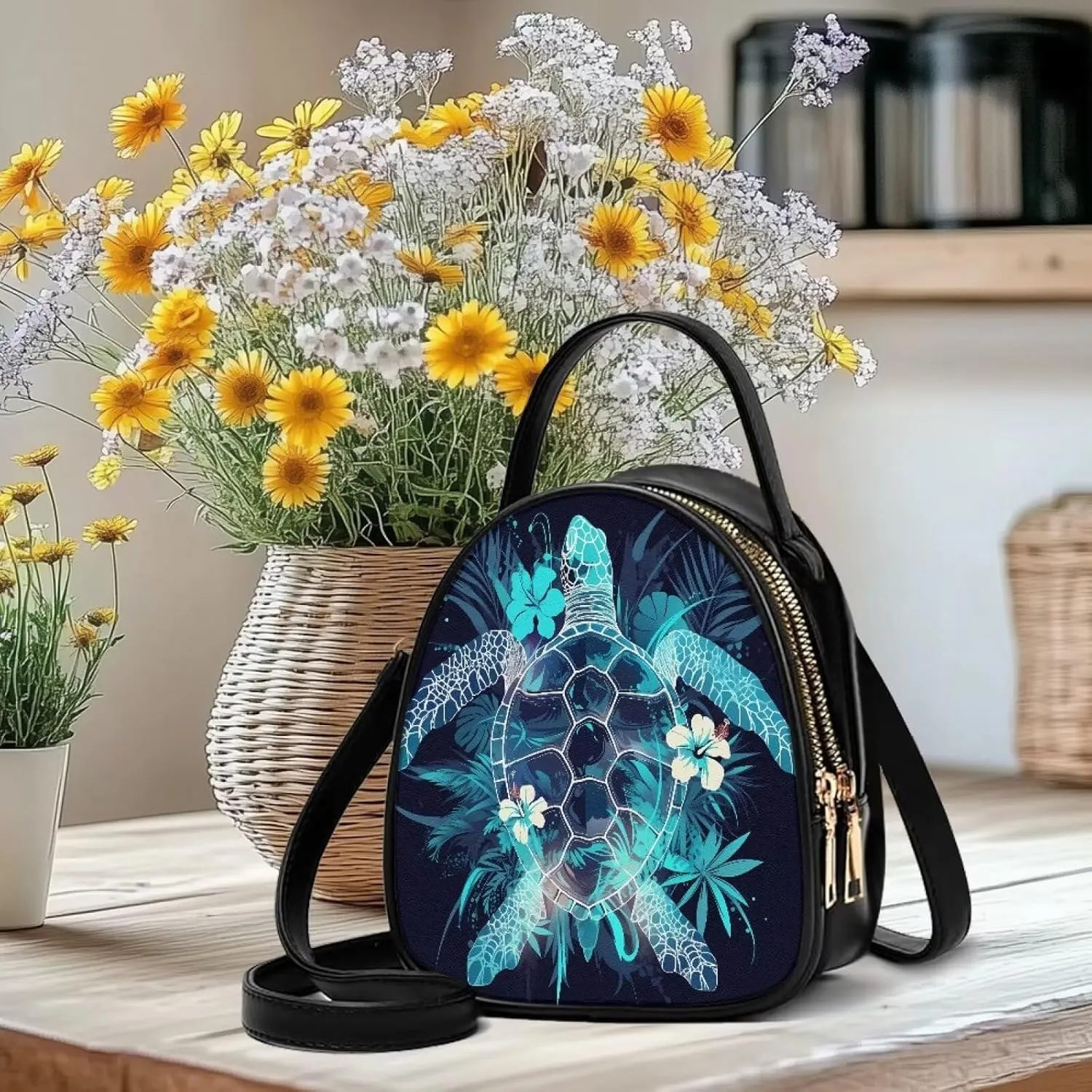 Tropical Shoulder Bag Purse for Women Travel Cell Phone Holder Crossbody Bag PU Leather, Turtle Small Sling Bag