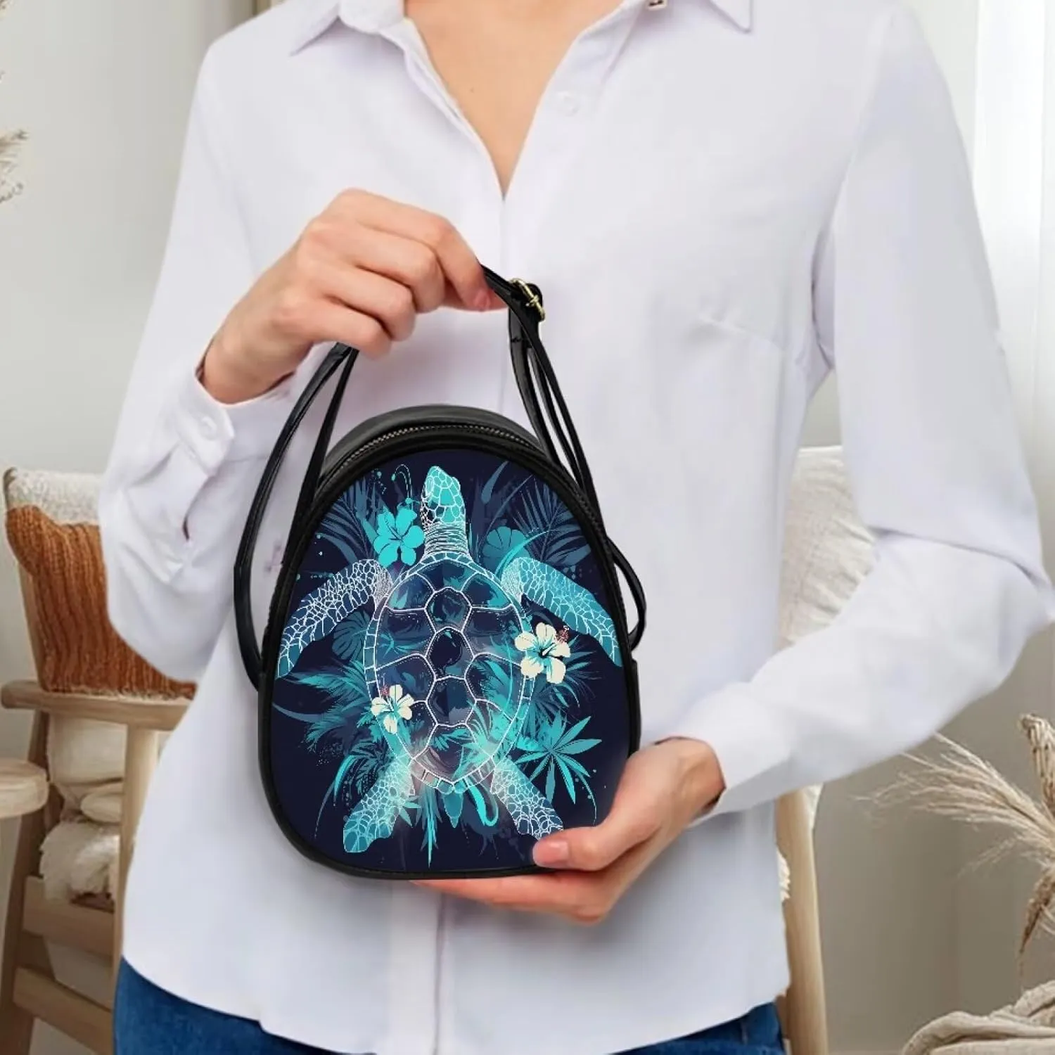 Tropical Shoulder Bag Purse for Women Travel Cell Phone Holder Crossbody Bag PU Leather, Turtle Small Sling Bag