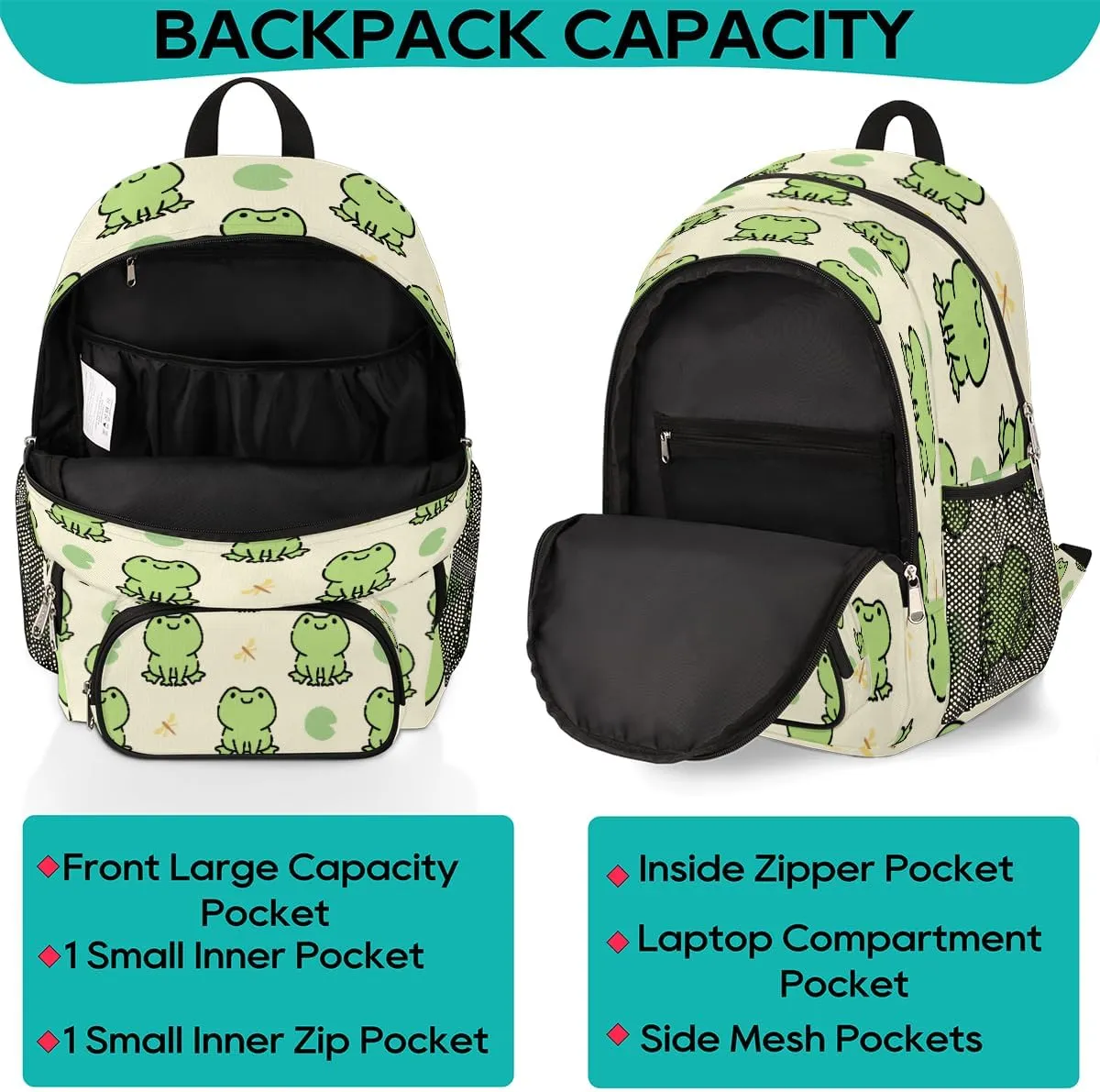 TropicalLife Cute Frog 18 Inch Bookbag School Backpack Teens Girls Boys Schoolbag Shoulder Computer Hiking Gym Travel Casual Travel Daypack