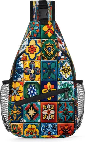 TropicalLife Mexican Talavera Ceramic Tile Sling Backpack Crossbody Shoulder Bag Water Resistant Small Daypacks Chest Bag for Women Men Unisex Hiking Travel Workout
