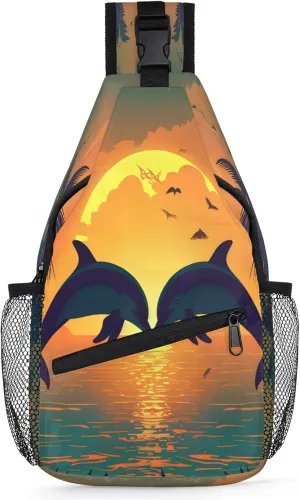 TropicalLife Sunset Dolphin Jumping Sling Backpack Crossbody Shoulder Bag Water Resistant Small Daypacks Chest Bag for Women Men Unisex Hiking Travel Workout