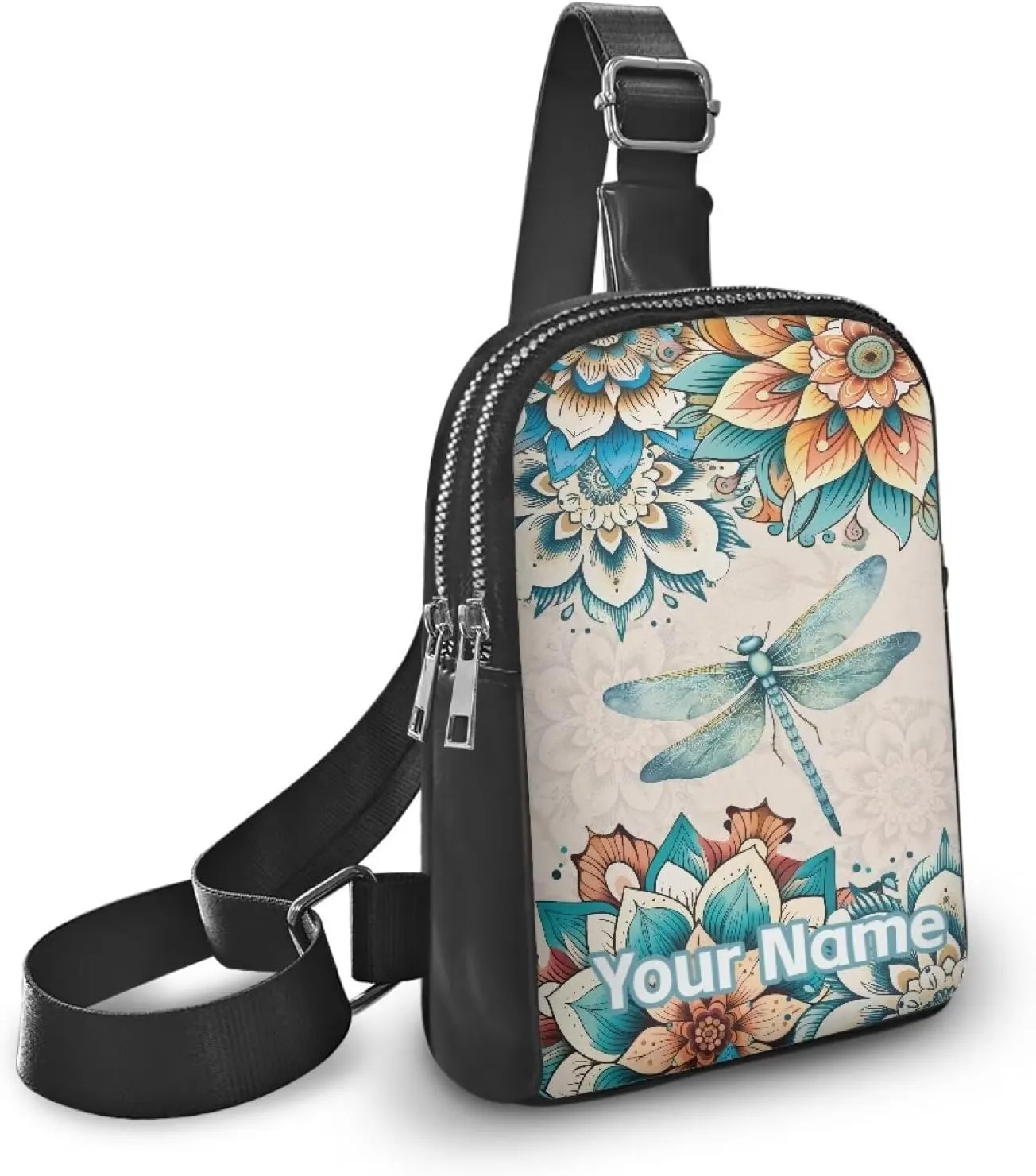 Tuoxiukan Personalized Name Chest Purse Boho Floral Dragonfly Small Crossbody Bag Customized Waterproof Sling Bag for Women Teen Girls Zipper Sling Bag Crossbody Custom Gifts for Mom Law Mother
