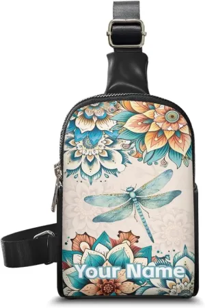 Tuoxiukan Personalized Name Chest Purse Boho Floral Dragonfly Small Crossbody Bag Customized Waterproof Sling Bag for Women Teen Girls Zipper Sling Bag Crossbody Custom Gifts for Mom Law Mother