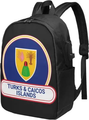 Turks Caicos Islands Flag Badge Laptop Backpacks Travel Backpack Casual Business Daypack Sport Rucksack Computer Bag Fits up to 17 Inch Notebook with USB Port