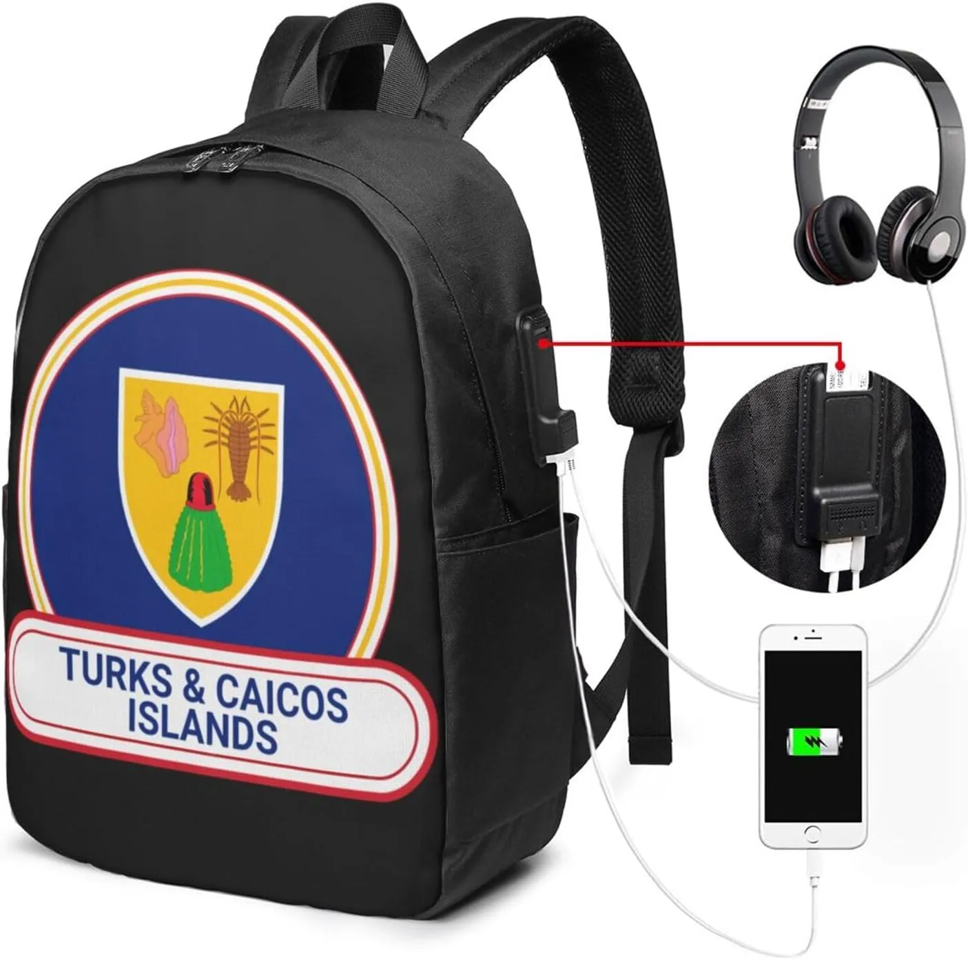 Turks Caicos Islands Flag Badge Laptop Backpacks Travel Backpack Casual Business Daypack Sport Rucksack Computer Bag Fits up to 17 Inch Notebook with USB Port