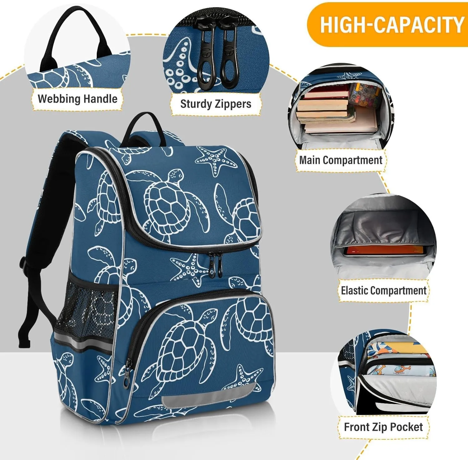 Turtle Backpack Large Capacity Bookbag Printed Student Shoulder Bag for Children Teenagers Turtle Starfish Laptop Bag School Bag for Work School
