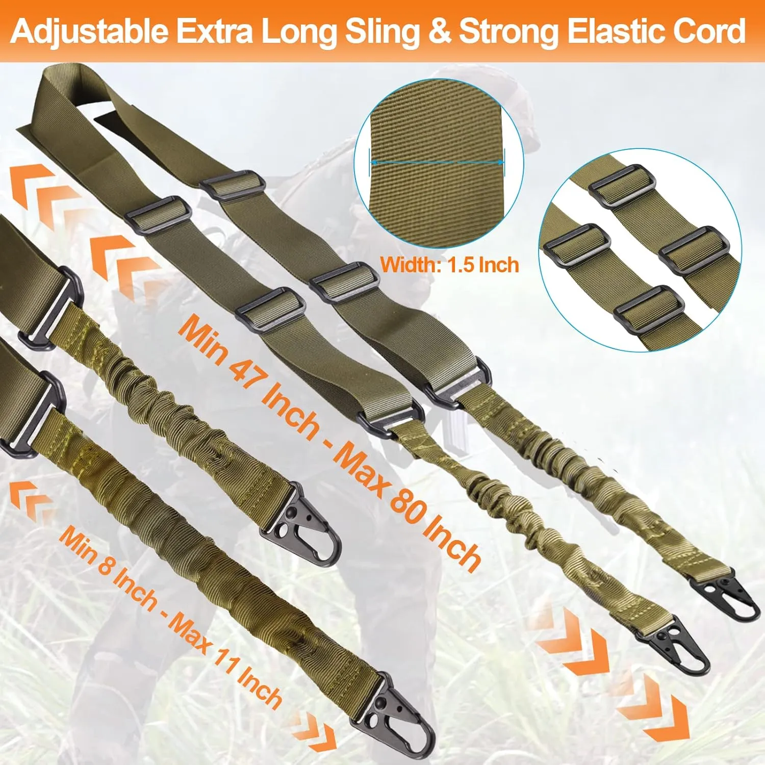 Two Point Traditional Sling with Mounts - Adjustable Extra Long Two Point Traditional Sling with 2 Pack 1.25" QD Sling Rail Swivel Mounts for Mlock