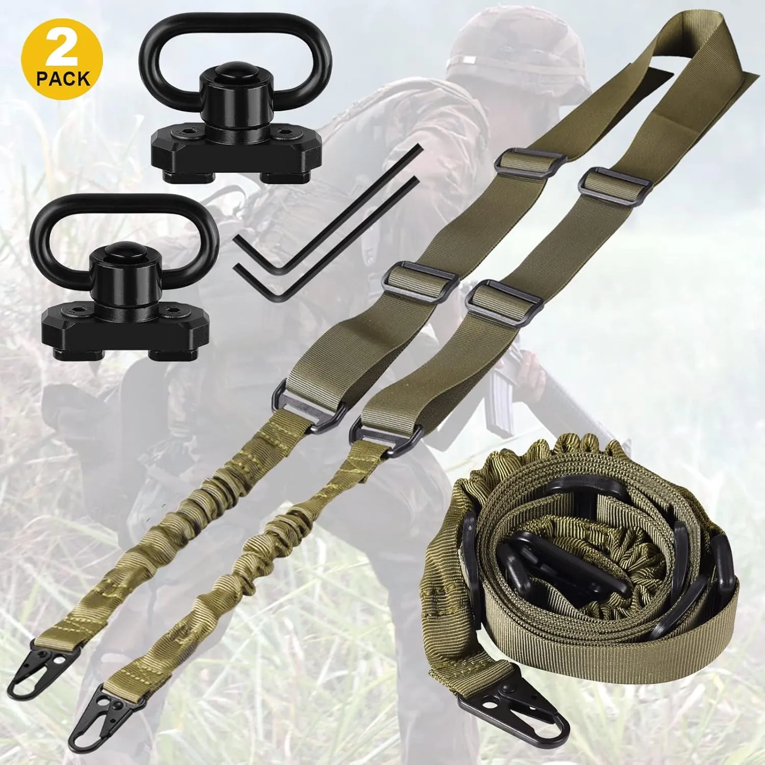 Two Point Traditional Sling with Mounts - Adjustable Extra Long Two Point Traditional Sling with 2 Pack 1.25" QD Sling Rail Swivel Mounts for Mlock