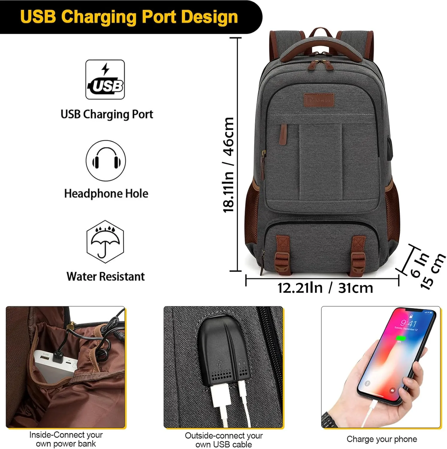 Tzowla Canvas Laptop Backpack,Bag for Men Women,Travel Work Rucksack Fits 15.6 Inch Laptop, Bookbag with USB Charging Port-Dark Grey