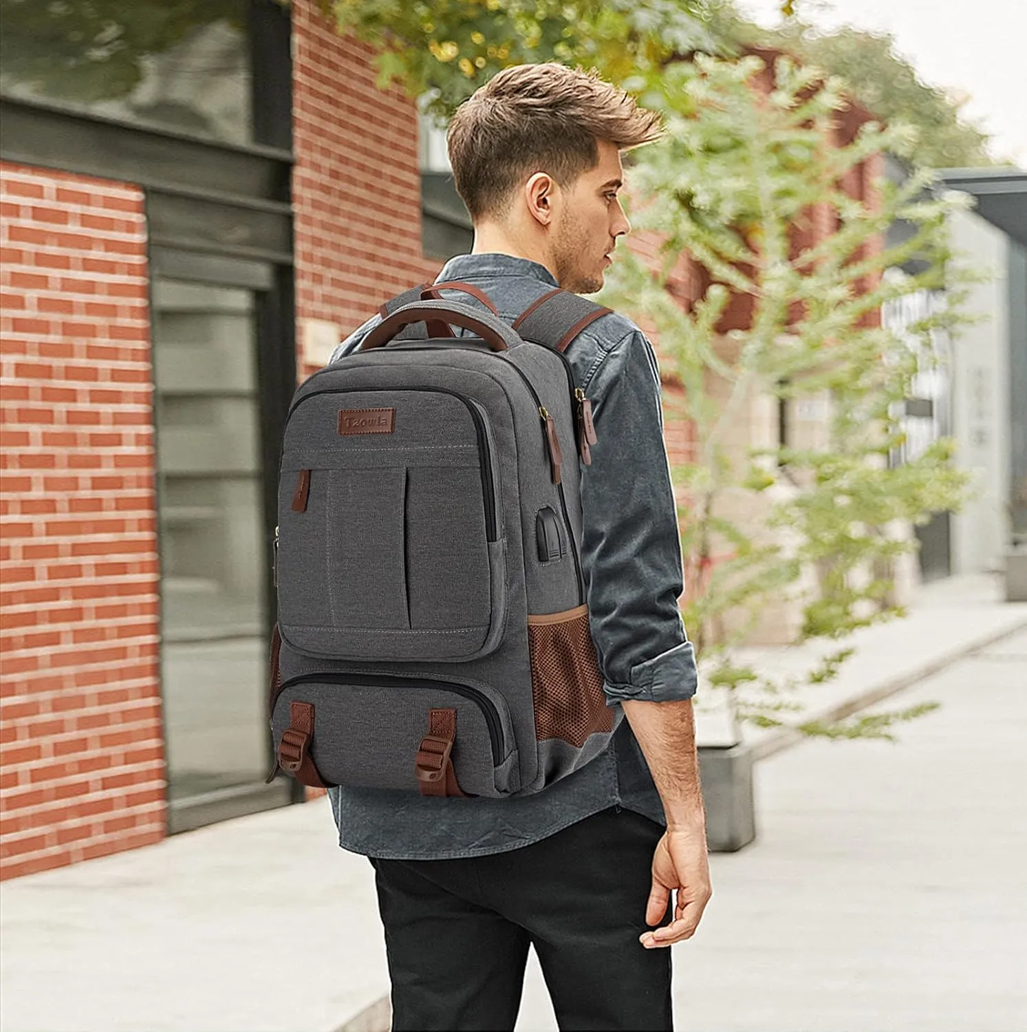 Tzowla Canvas Laptop Backpack,Bag for Men Women,Travel Work Rucksack Fits 15.6 Inch Laptop, Bookbag with USB Charging Port-Dark Grey