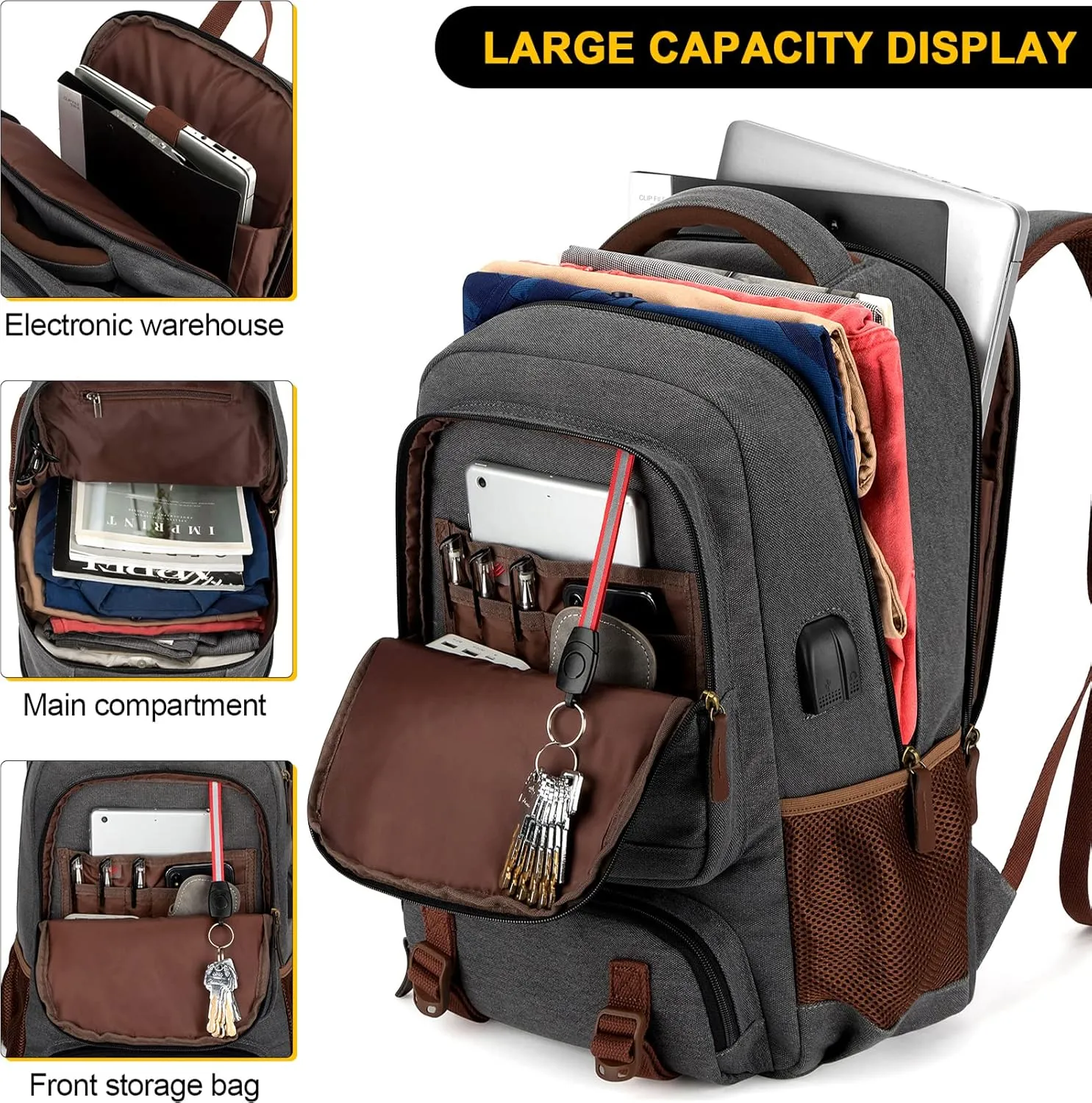 Tzowla Canvas Laptop Backpack,Bag for Men Women,Travel Work Rucksack Fits 15.6 Inch Laptop, Bookbag with USB Charging Port-Dark Grey