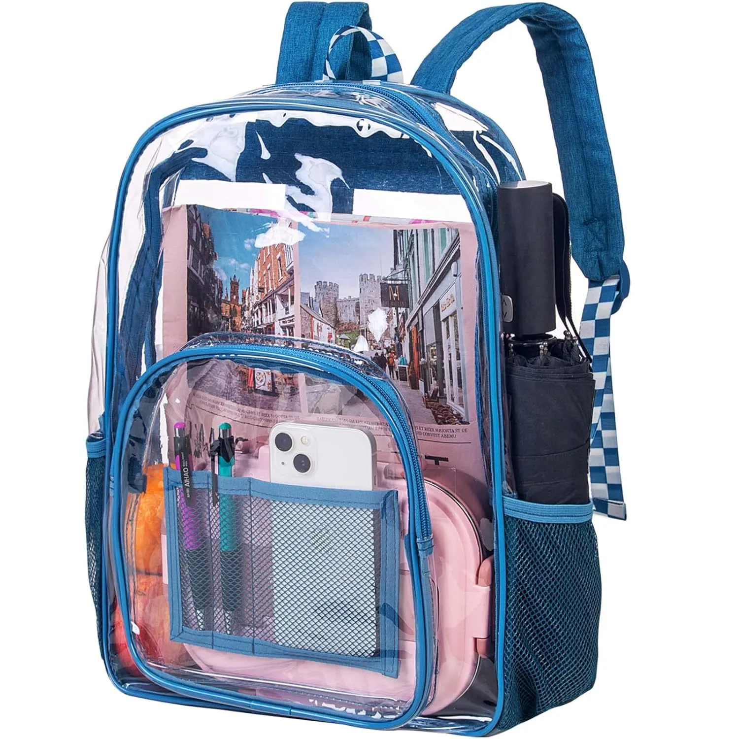 UFNDC Clear Backpack Heavy Duty, See Through PVC Transparent Bookbag, Backpacks for Men and Women - Blue