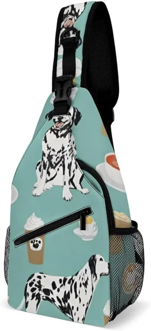 Ultra Lightweight Sling Backpack Chest Day Bag Multipurpose Anti-Theft Rucksack for Cycling Hiking Camping Travel Outdoor, Dalmatians Cute Mint Coffee Dalmatian Dog Art Camera Case Messenger Bag