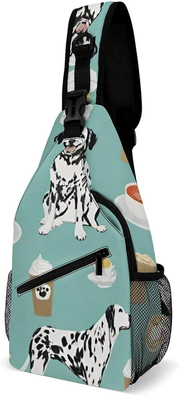 Ultra Lightweight Sling Backpack Chest Day Bag Multipurpose Anti-Theft Rucksack for Cycling Hiking Camping Travel Outdoor, Dalmatians Cute Mint Coffee Dalmatian Dog Art Camera Case Messenger Bag