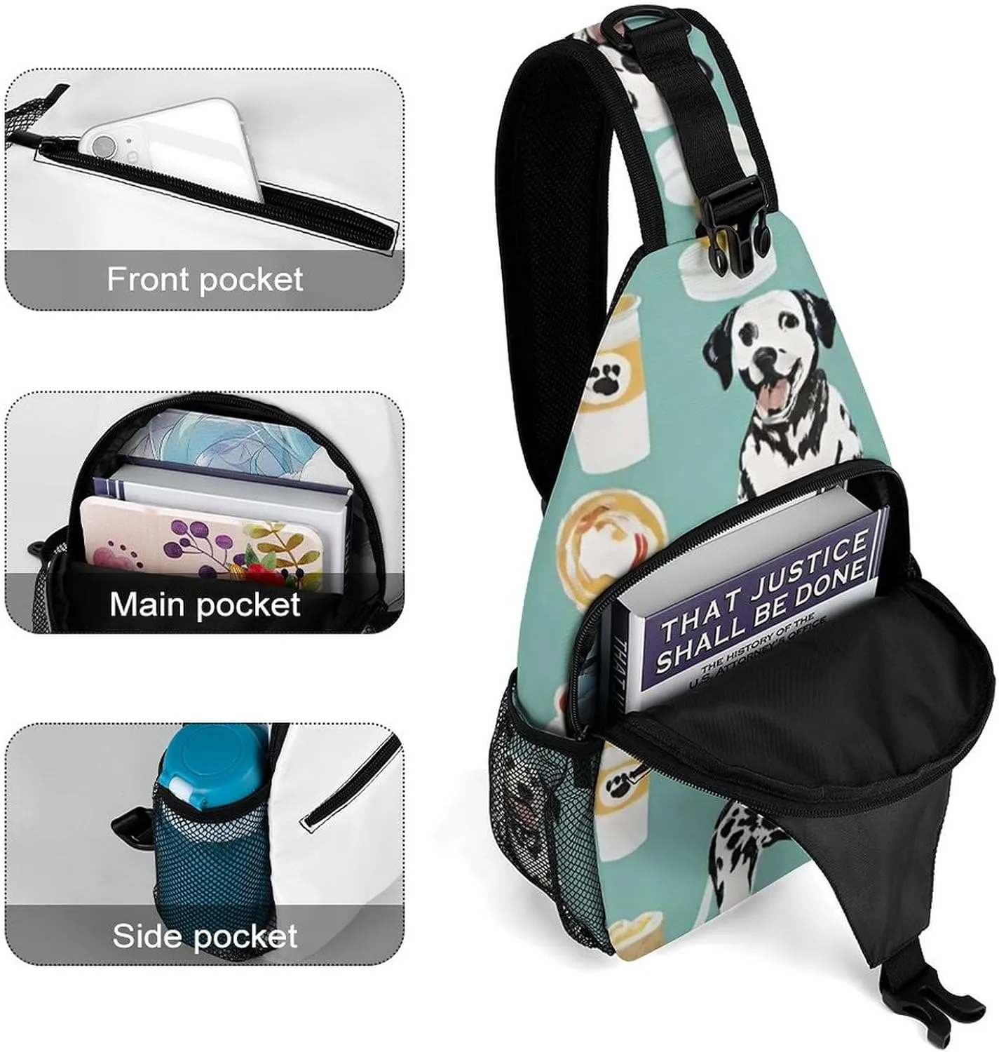 Ultra Lightweight Sling Backpack Chest Day Bag Multipurpose Anti-Theft Rucksack for Cycling Hiking Camping Travel Outdoor, Dalmatians Cute Mint Coffee Dalmatian Dog Art Camera Case Messenger Bag