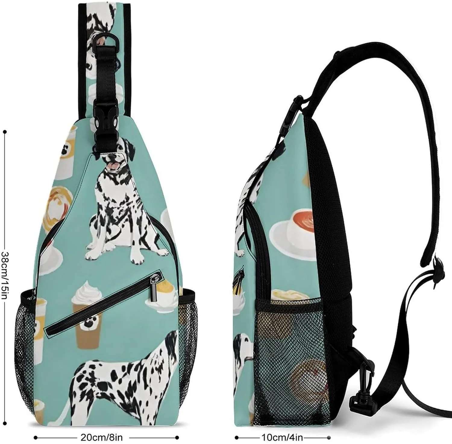 Ultra Lightweight Sling Backpack Chest Day Bag Multipurpose Anti-Theft Rucksack for Cycling Hiking Camping Travel Outdoor, Dalmatians Cute Mint Coffee Dalmatian Dog Art Camera Case Messenger Bag