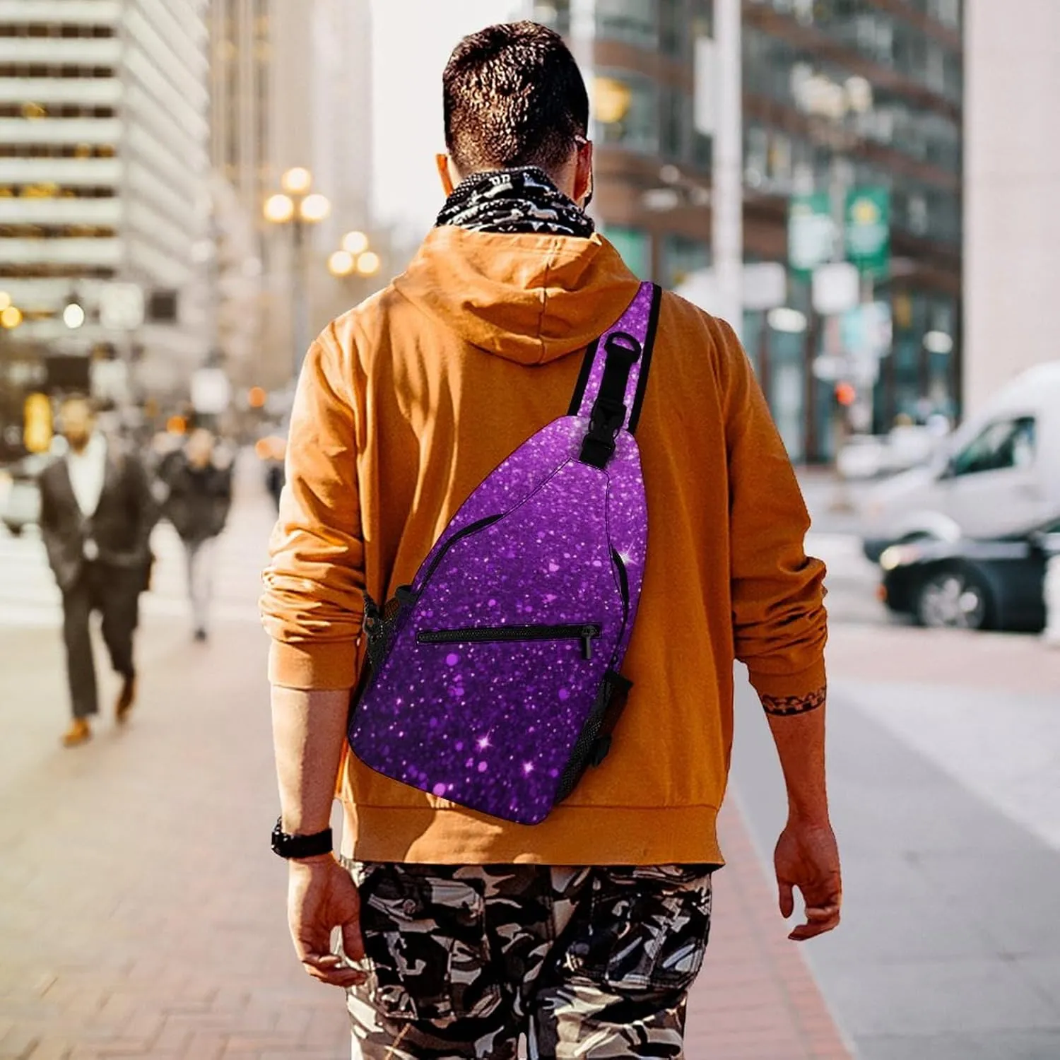 Ultra Lightweight Sling Backpack Shoulder Chest Crossbody Bag Multipurpose Anti-Theft Backpacking for Hiking Cycling Walking Dog Bicycle Travel - Beautiful Dark Purple Bling Glitter Sparkles Pattern