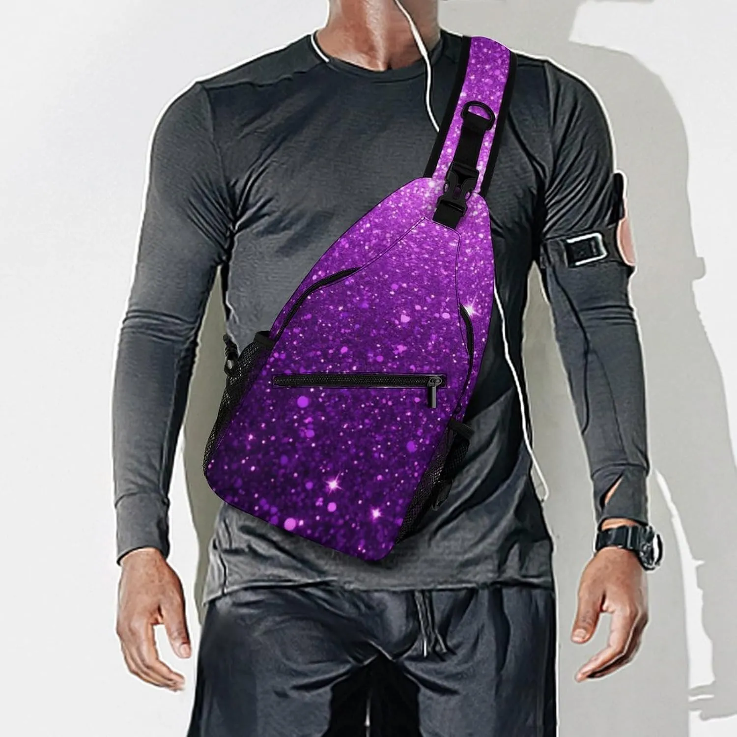 Ultra Lightweight Sling Backpack Shoulder Chest Crossbody Bag Multipurpose Anti-Theft Backpacking for Hiking Cycling Walking Dog Bicycle Travel - Beautiful Dark Purple Bling Glitter Sparkles Pattern