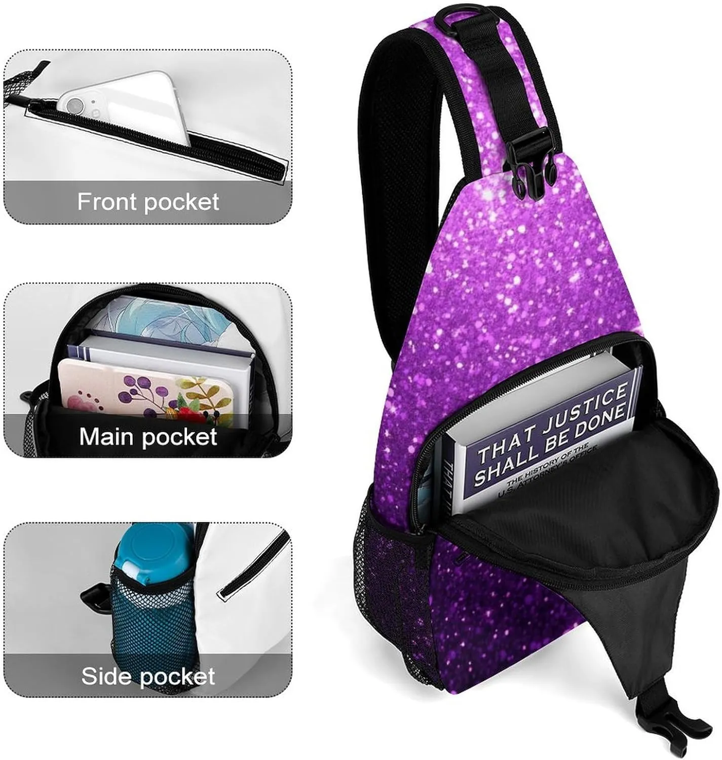 Ultra Lightweight Sling Backpack Shoulder Chest Crossbody Bag Multipurpose Anti-Theft Backpacking for Hiking Cycling Walking Dog Bicycle Travel - Beautiful Dark Purple Bling Glitter Sparkles Pattern