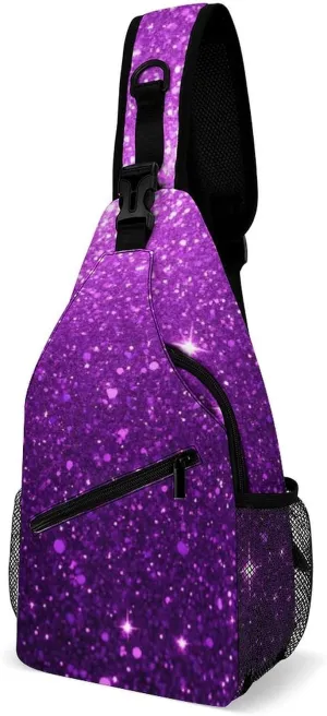 Ultra Lightweight Sling Backpack Shoulder Chest Crossbody Bag Multipurpose Anti-Theft Backpacking for Hiking Cycling Walking Dog Bicycle Travel - Beautiful Dark Purple Bling Glitter Sparkles Pattern