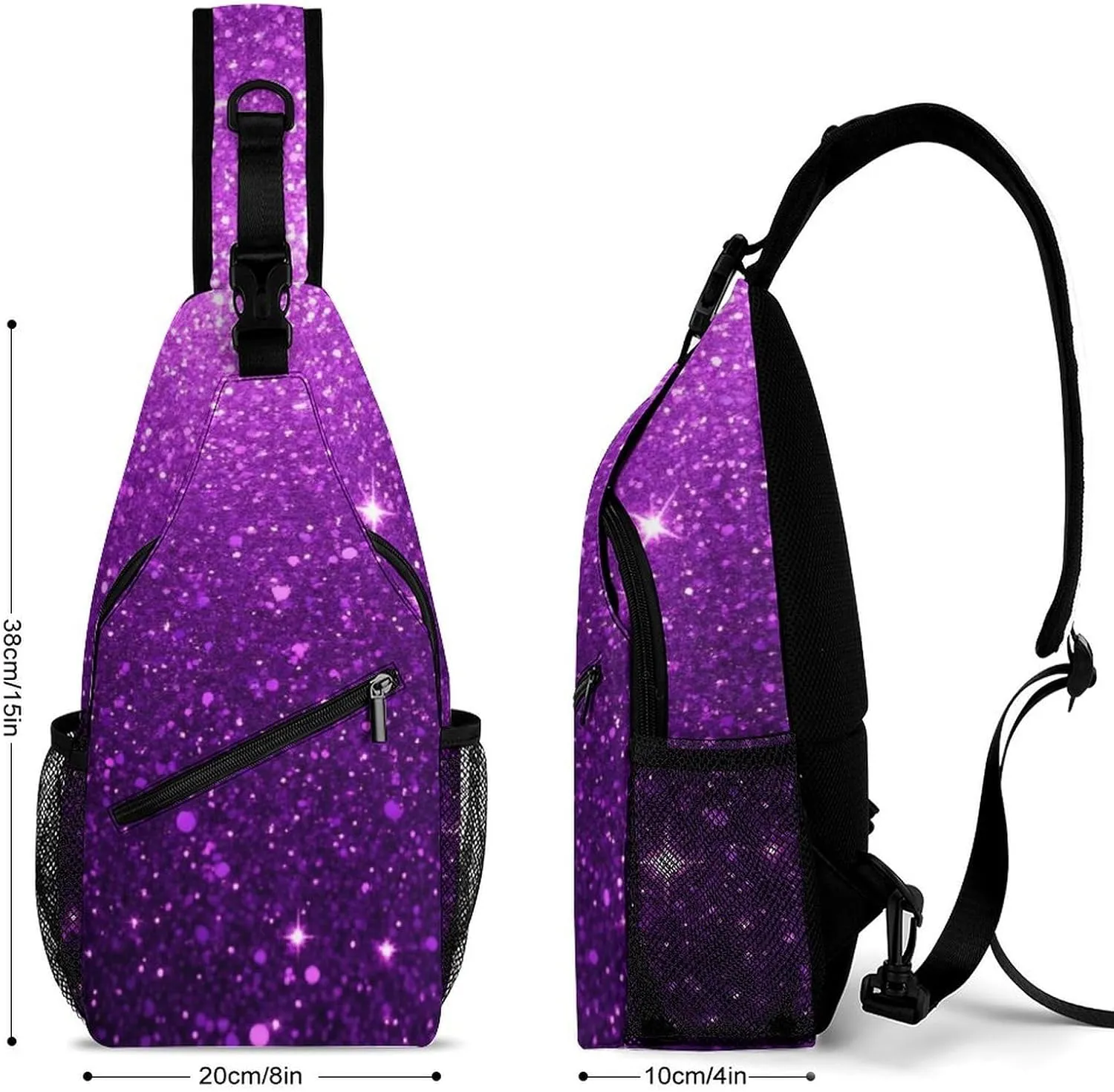 Ultra Lightweight Sling Backpack Shoulder Chest Crossbody Bag Multipurpose Anti-Theft Backpacking for Hiking Cycling Walking Dog Bicycle Travel - Beautiful Dark Purple Bling Glitter Sparkles Pattern