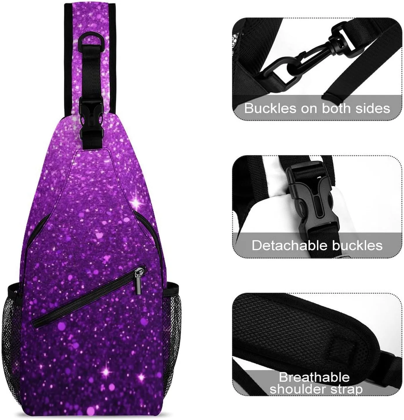 Ultra Lightweight Sling Backpack Shoulder Chest Crossbody Bag Multipurpose Anti-Theft Backpacking for Hiking Cycling Walking Dog Bicycle Travel - Beautiful Dark Purple Bling Glitter Sparkles Pattern