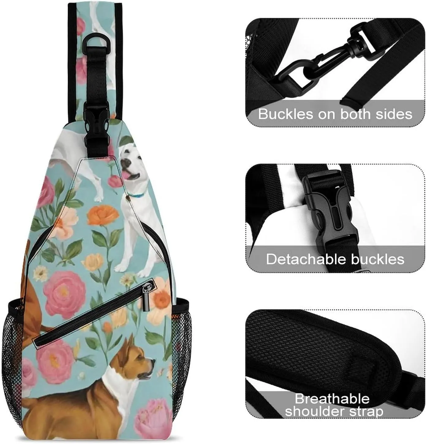 Ultra Lightweight Sling Backpack Shoulder Chest Crossbody Bag Multipurpose Anti-Theft Backpacking for Hiking Cycling Walking Dog Bicycle Travel - Boxer Dog Flowers Florals Cute Flowers Art