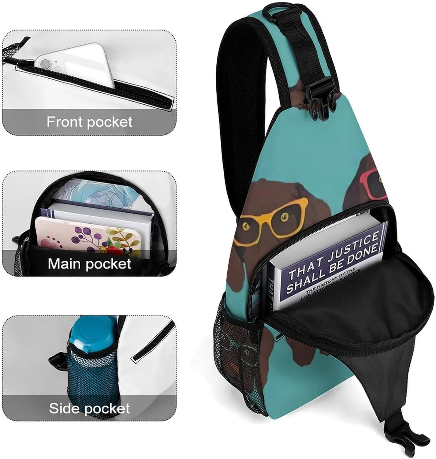 Ultra Lightweight Sling Shoulder Backpack Shoulder Chest Crossbody Bag Multipurpose Anti-Theft Daypack for Hiking Cycling Camping Travel, German Shorthaired Pointer In Glasses Art Bookbag
