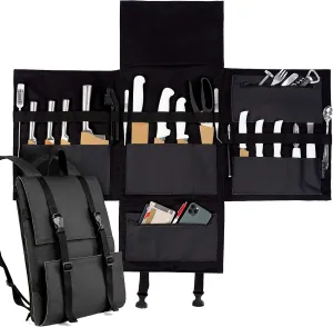 Under NY Sky Genuine Leather Knife Bag - Leather Knife Case - 13 Slots, 2 Zipped Pockets for Kitchen Utensils, Cutlery Knives - Tablets & Notebooks Pocket - Tool Storage Bag Style for Chefs - Black