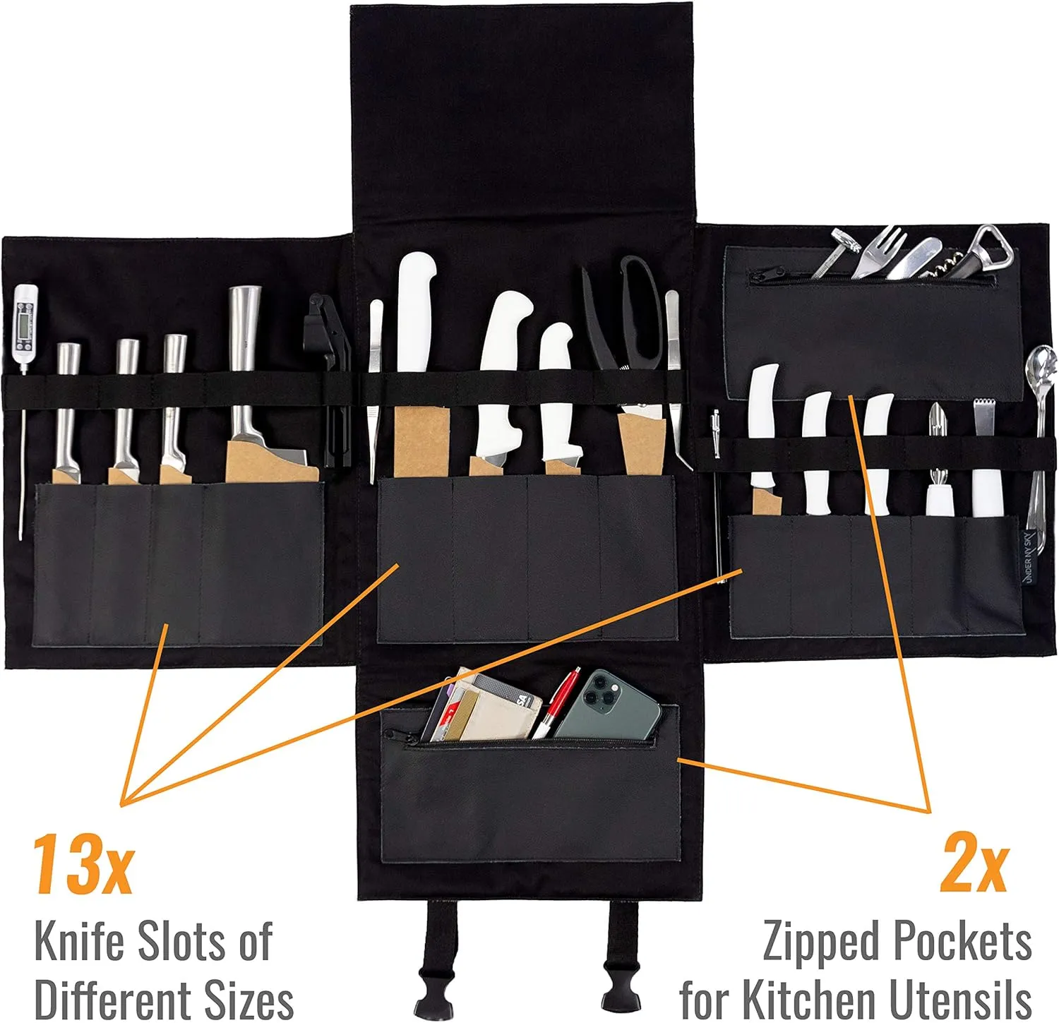 Under NY Sky Genuine Leather Knife Bag - Leather Knife Case - 13 Slots, 2 Zipped Pockets for Kitchen Utensils, Cutlery Knives - Tablets & Notebooks Pocket - Tool Storage Bag Style for Chefs - Black