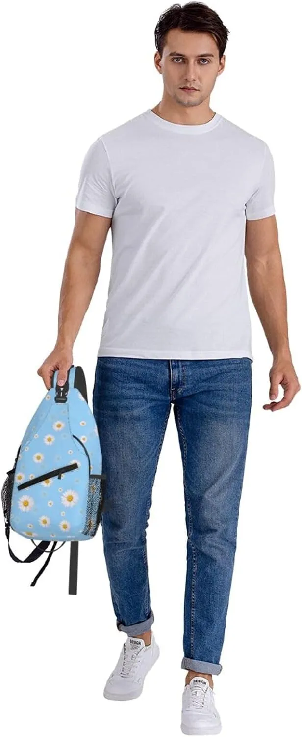 Unisex Crossbody Sling Backpack Travel Hiking Daypack Crossbody Bag for Women Men Daisy Blue