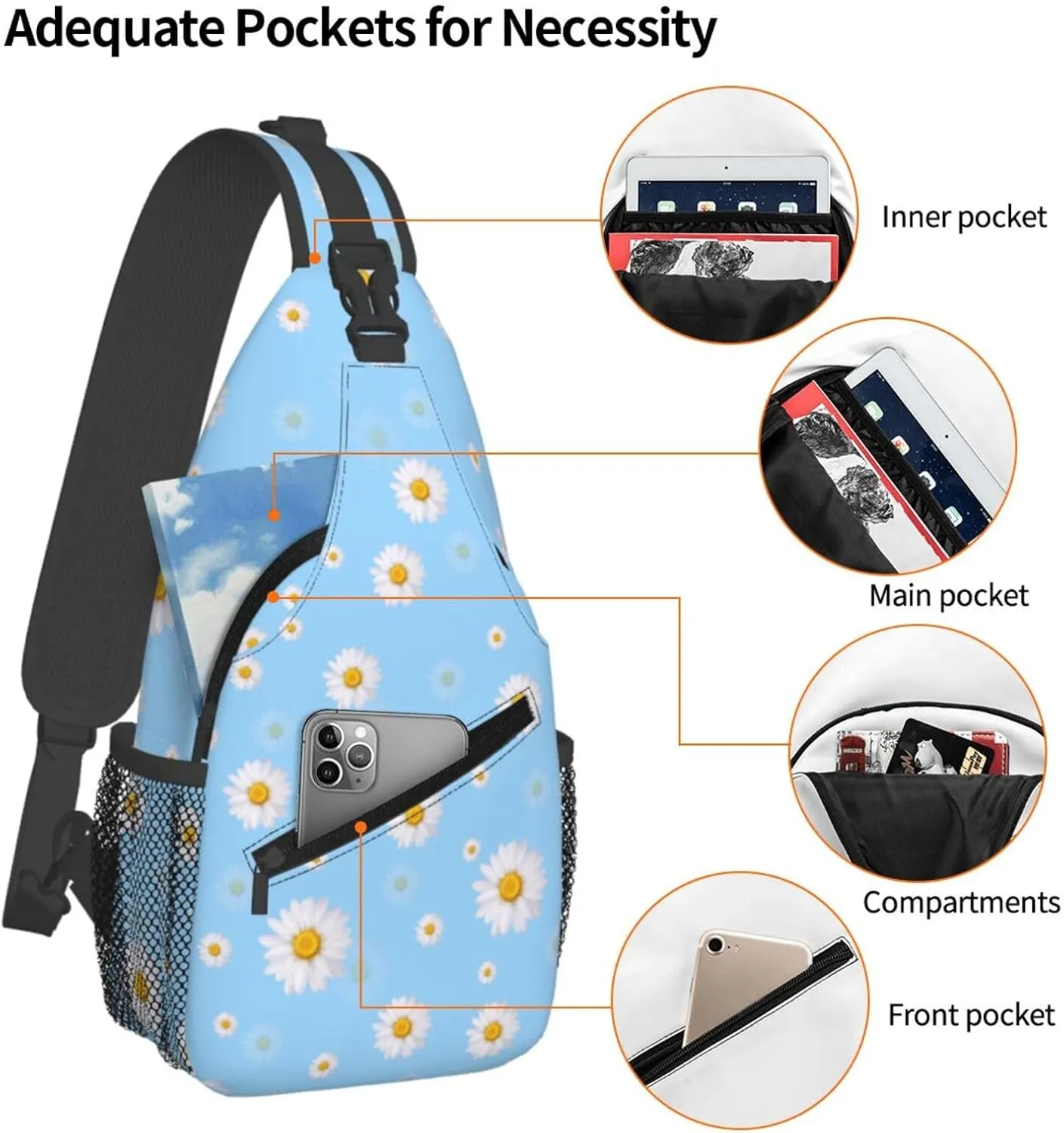 Unisex Crossbody Sling Backpack Travel Hiking Daypack Crossbody Bag for Women Men Daisy Blue