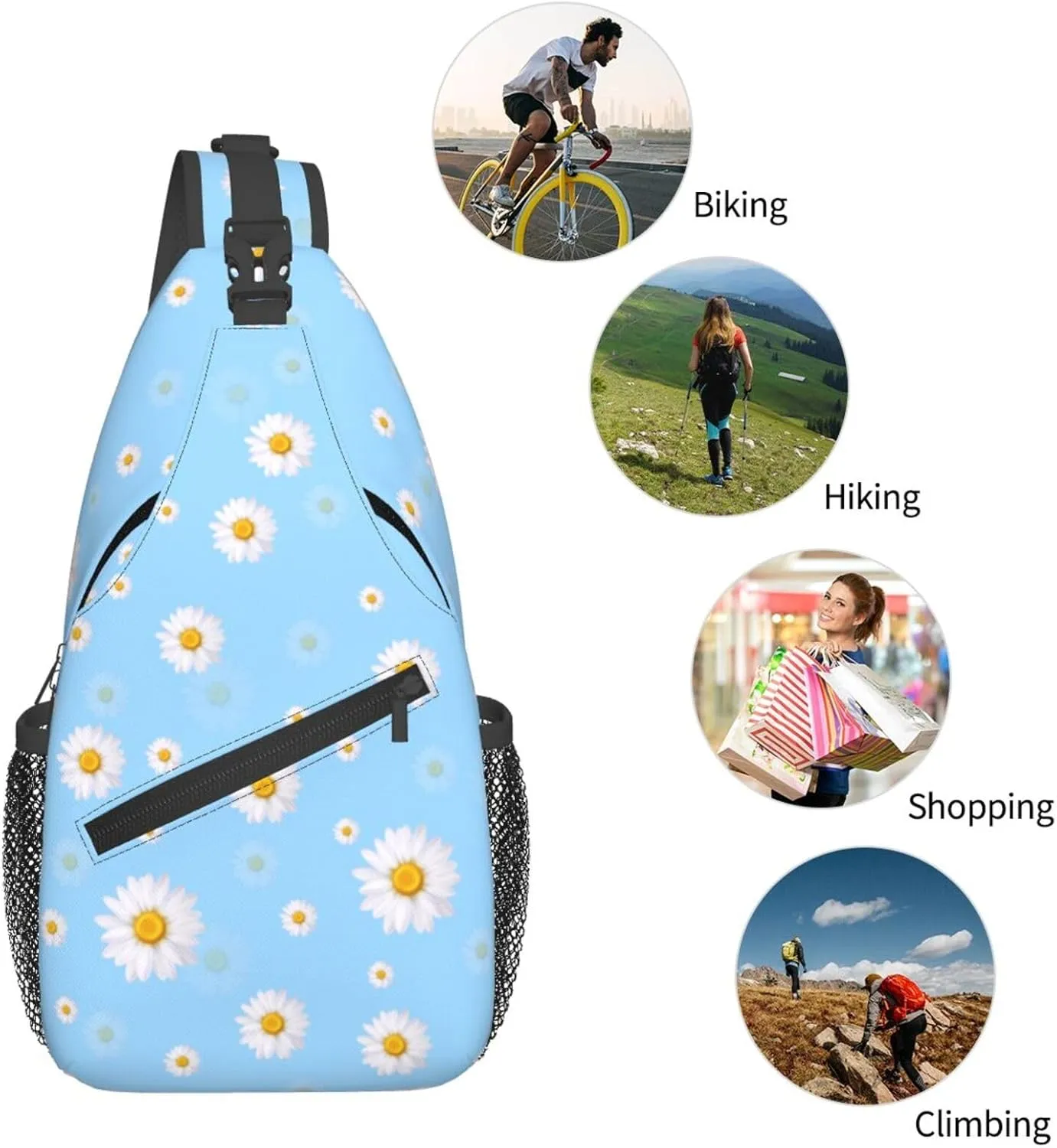 Unisex Crossbody Sling Backpack Travel Hiking Daypack Crossbody Bag for Women Men Daisy Blue