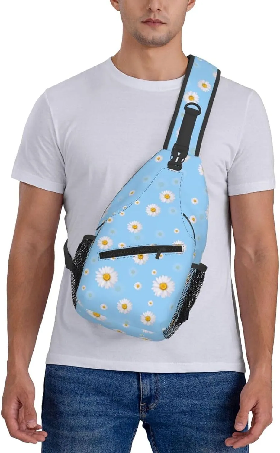 Unisex Crossbody Sling Backpack Travel Hiking Daypack Crossbody Bag for Women Men Daisy Blue