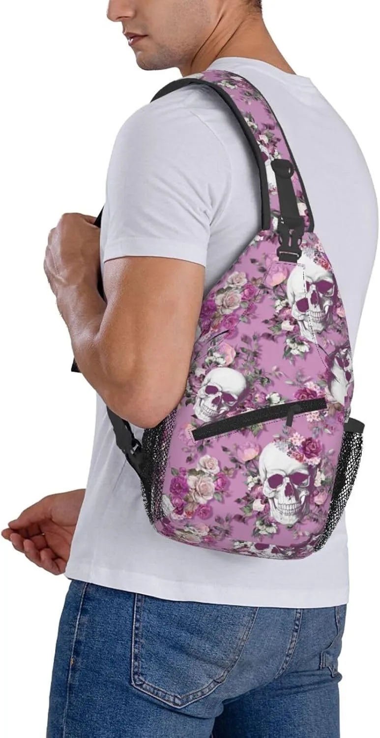 Unisex Crossbody Sling Backpack Travel Hiking Daypack Crossbody Bag for Women Men Skull Pink