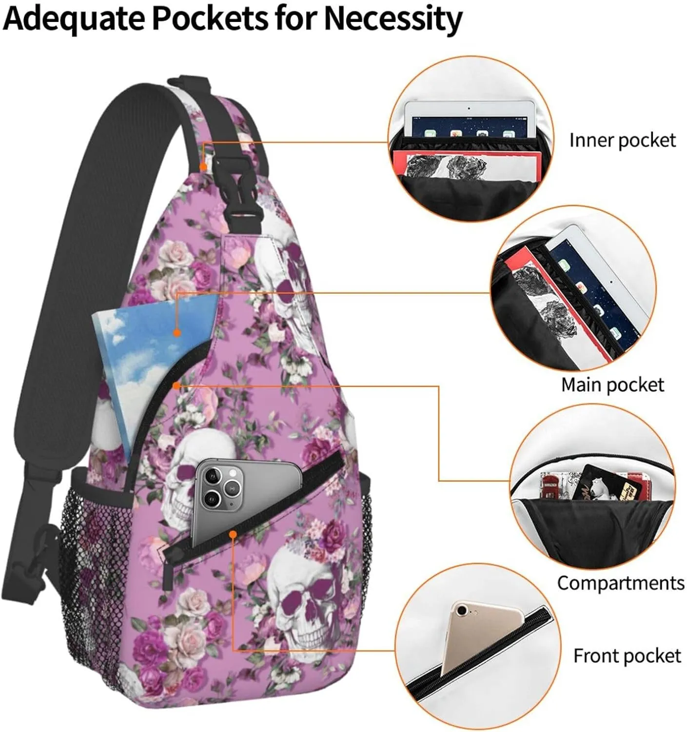 Unisex Crossbody Sling Backpack Travel Hiking Daypack Crossbody Bag for Women Men Skull Pink