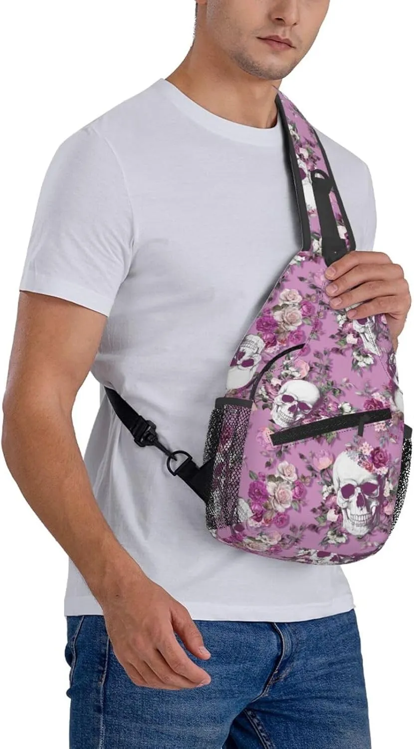 Unisex Crossbody Sling Backpack Travel Hiking Daypack Crossbody Bag for Women Men Skull Pink