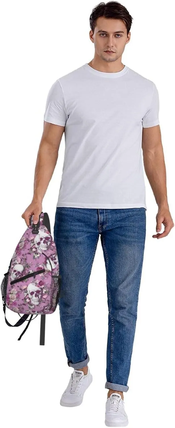 Unisex Crossbody Sling Backpack Travel Hiking Daypack Crossbody Bag for Women Men Skull Pink