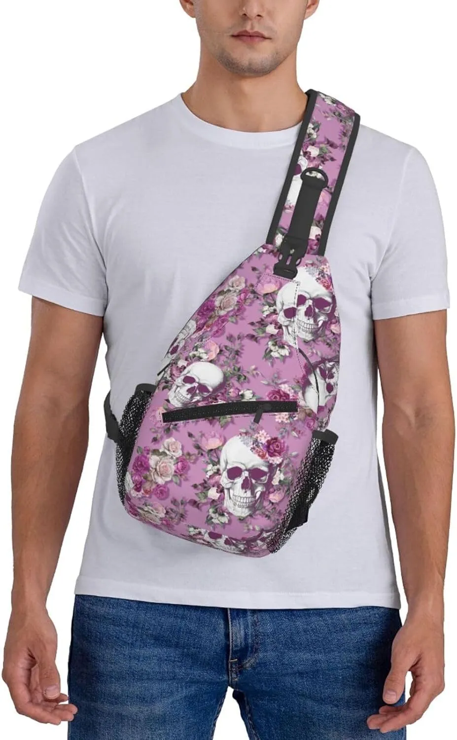 Unisex Crossbody Sling Backpack Travel Hiking Daypack Crossbody Bag for Women Men Skull Pink