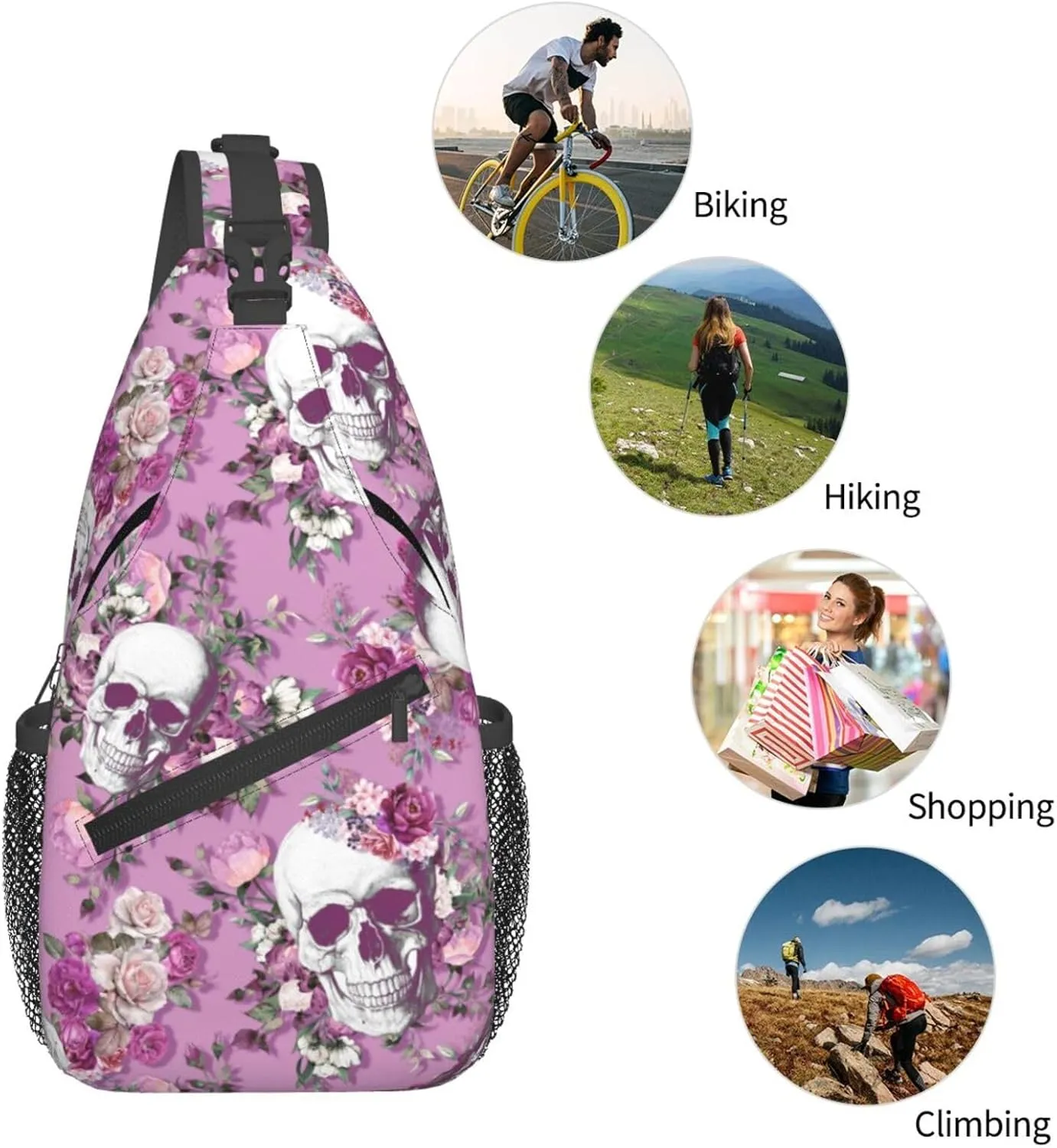 Unisex Crossbody Sling Backpack Travel Hiking Daypack Crossbody Bag for Women Men Skull Pink
