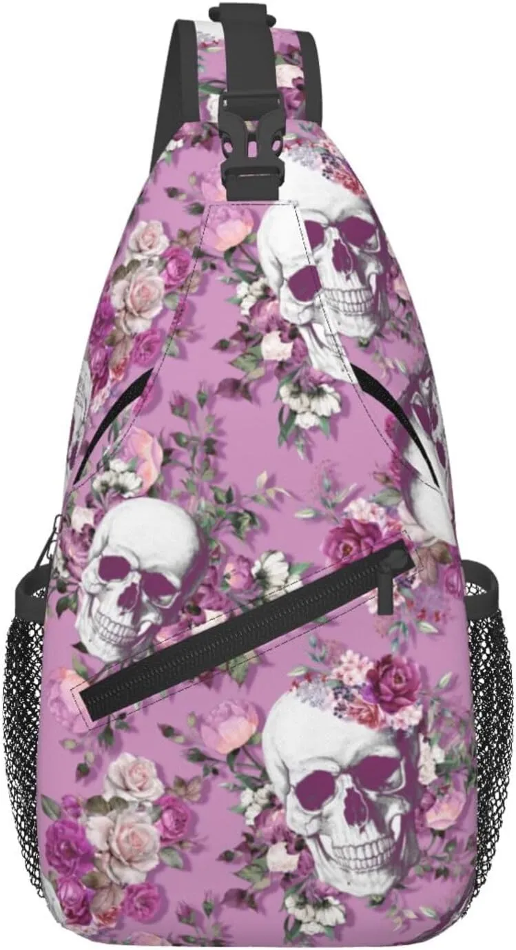 Unisex Crossbody Sling Backpack Travel Hiking Daypack Crossbody Bag for Women Men Skull Pink