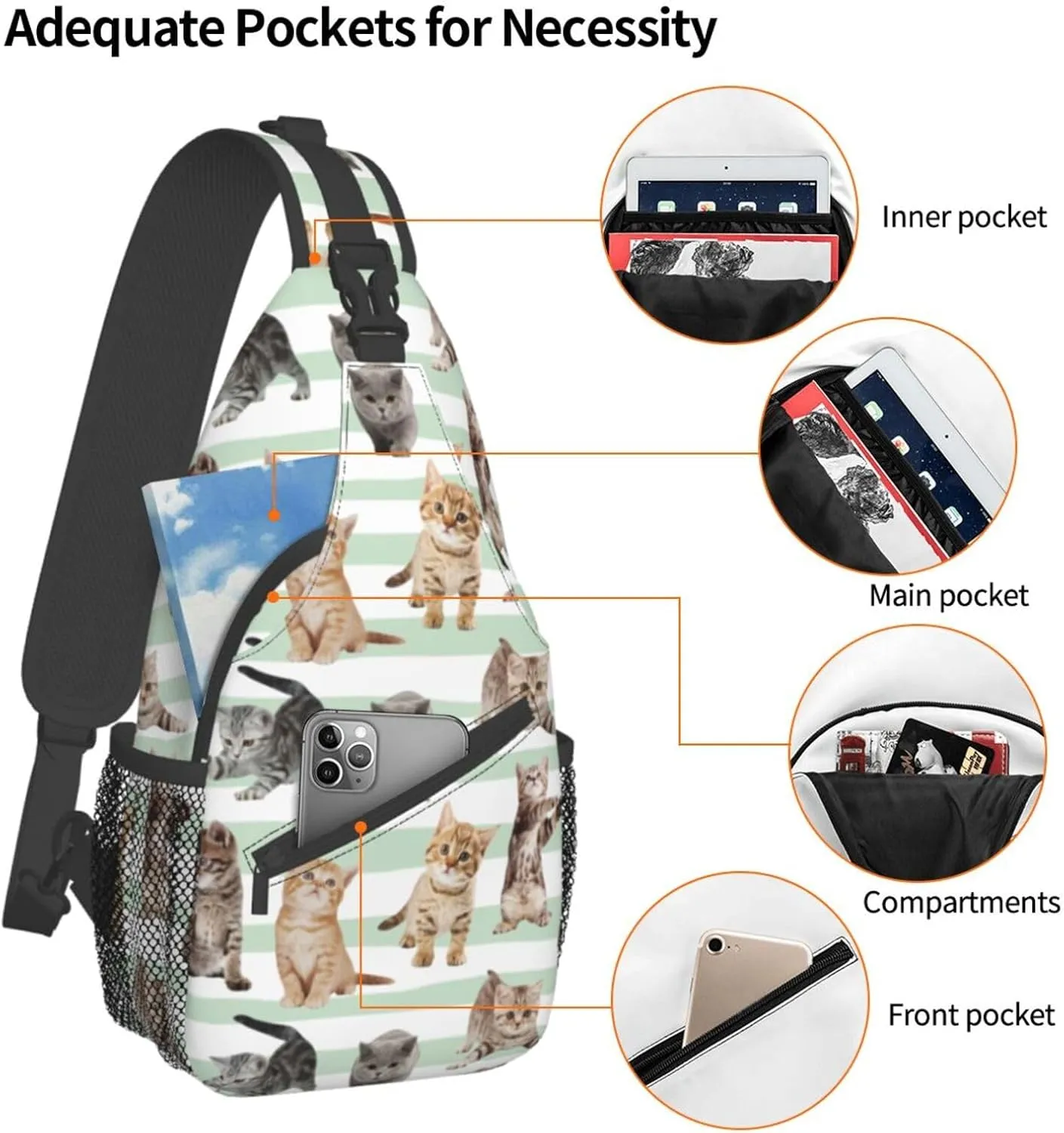 Unisex Crossbody Sling Backpack Travel Hiking Daypack Crossbody Shoulder Bag for Women Men Cat