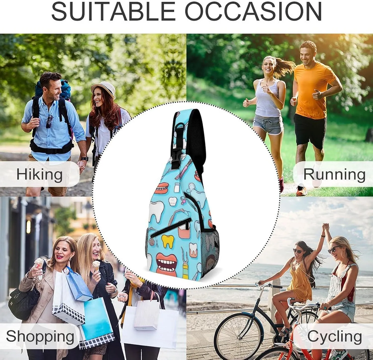 Unisex Sports Crossbody Bags, Portable Large Capacity Teeth Dental Seamless Pattern Blue Sling Bag Shoulder Backpack Chest Bag with Buckles and Pockets for Hiking