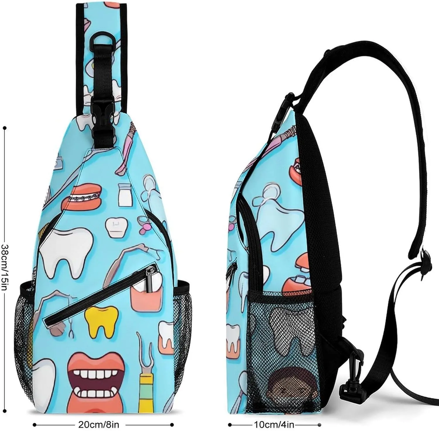 Unisex Sports Crossbody Bags, Portable Large Capacity Teeth Dental Seamless Pattern Blue Sling Bag Shoulder Backpack Chest Bag with Buckles and Pockets for Hiking