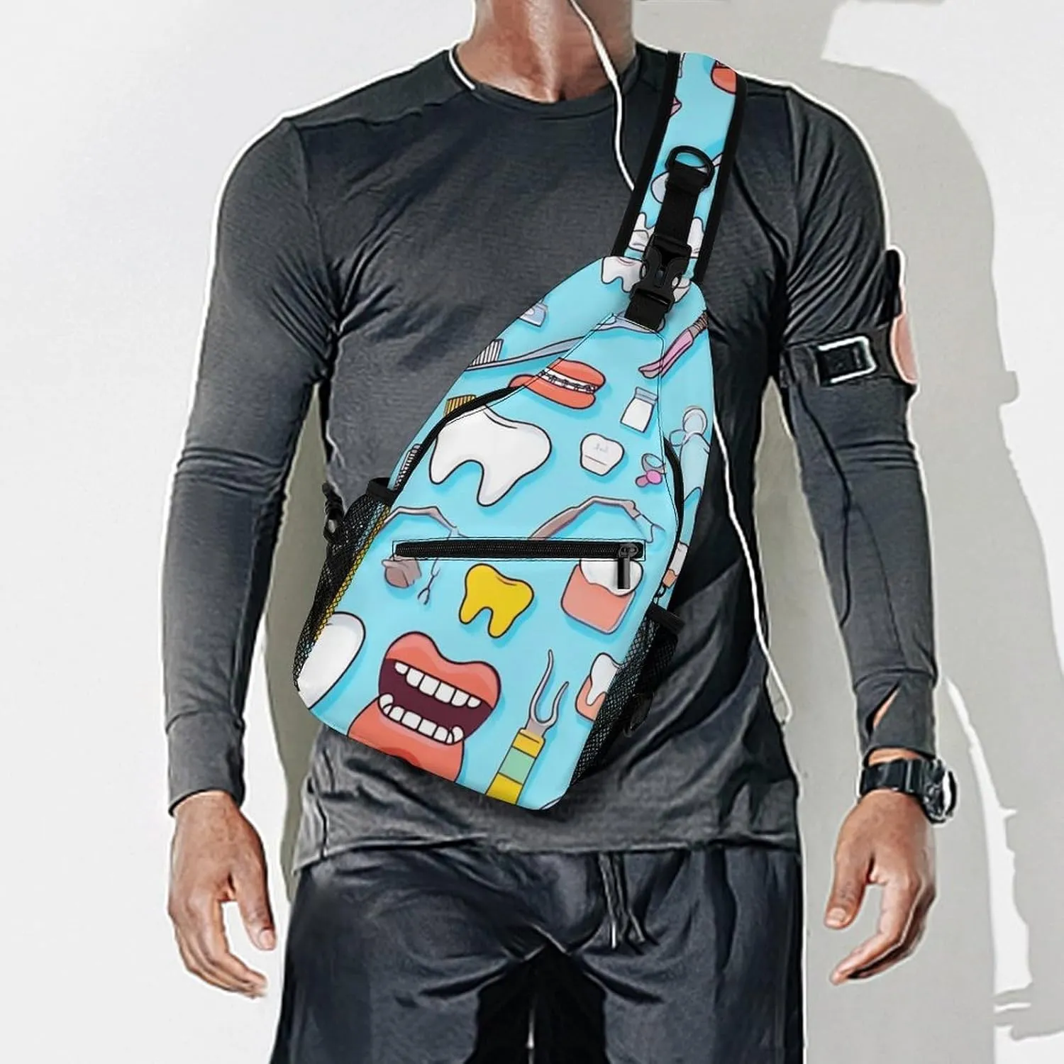 Unisex Sports Crossbody Bags, Portable Large Capacity Teeth Dental Seamless Pattern Blue Sling Bag Shoulder Backpack Chest Bag with Buckles and Pockets for Hiking