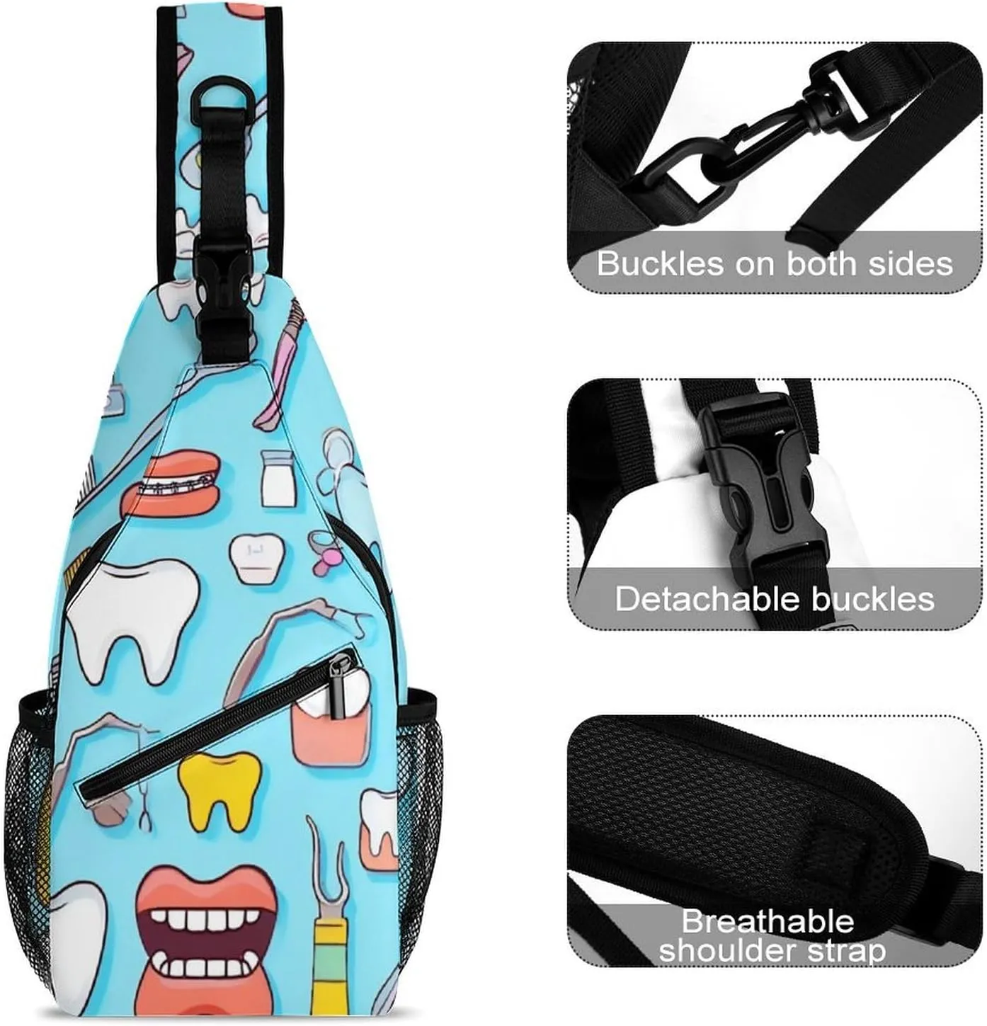 Unisex Sports Crossbody Bags, Portable Large Capacity Teeth Dental Seamless Pattern Blue Sling Bag Shoulder Backpack Chest Bag with Buckles and Pockets for Hiking