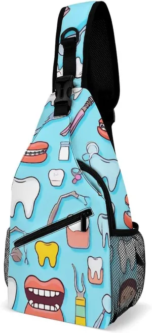 Unisex Sports Crossbody Bags, Portable Large Capacity Teeth Dental Seamless Pattern Blue Sling Bag Shoulder Backpack Chest Bag with Buckles and Pockets for Hiking