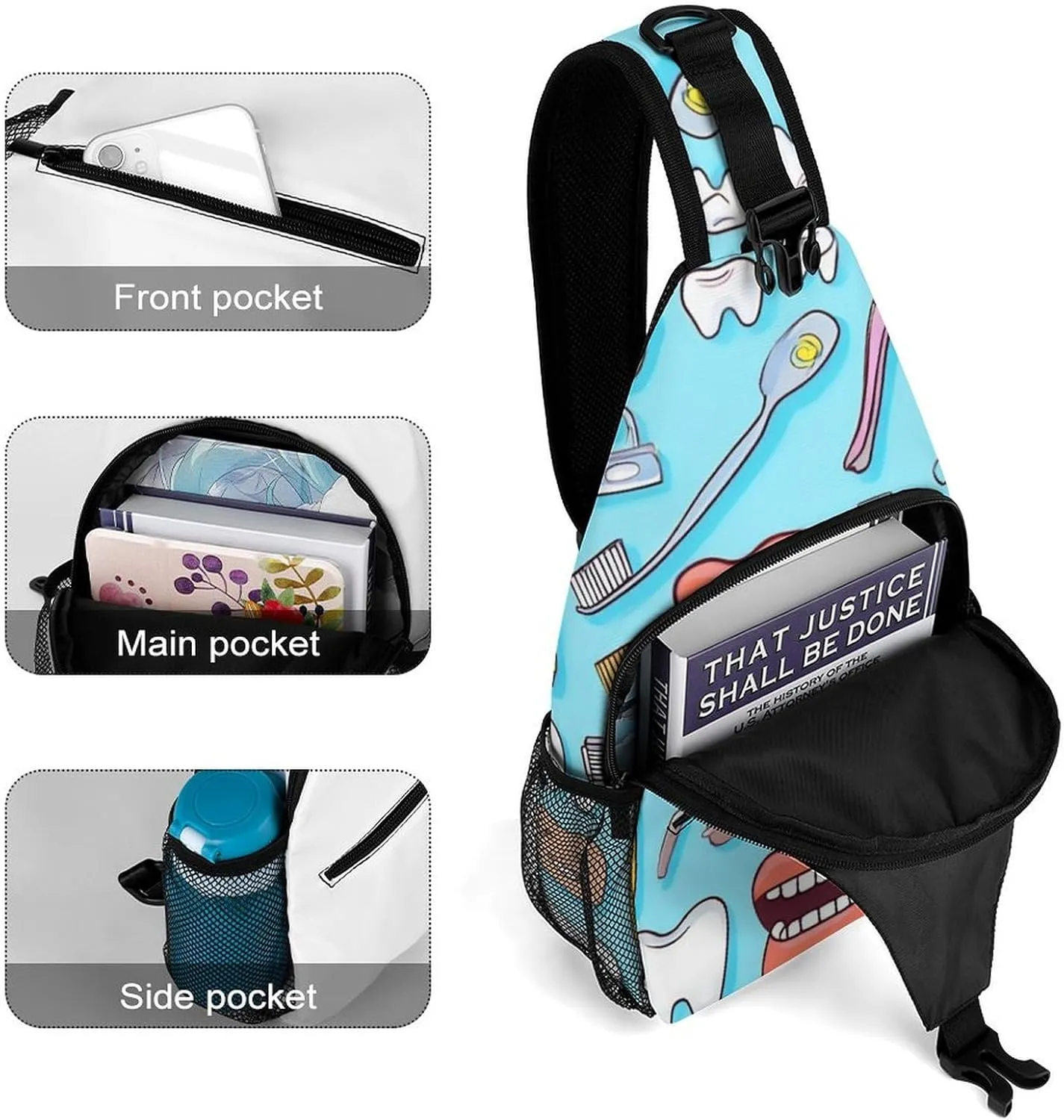 Unisex Sports Crossbody Bags, Portable Large Capacity Teeth Dental Seamless Pattern Blue Sling Bag Shoulder Backpack Chest Bag with Buckles and Pockets for Hiking