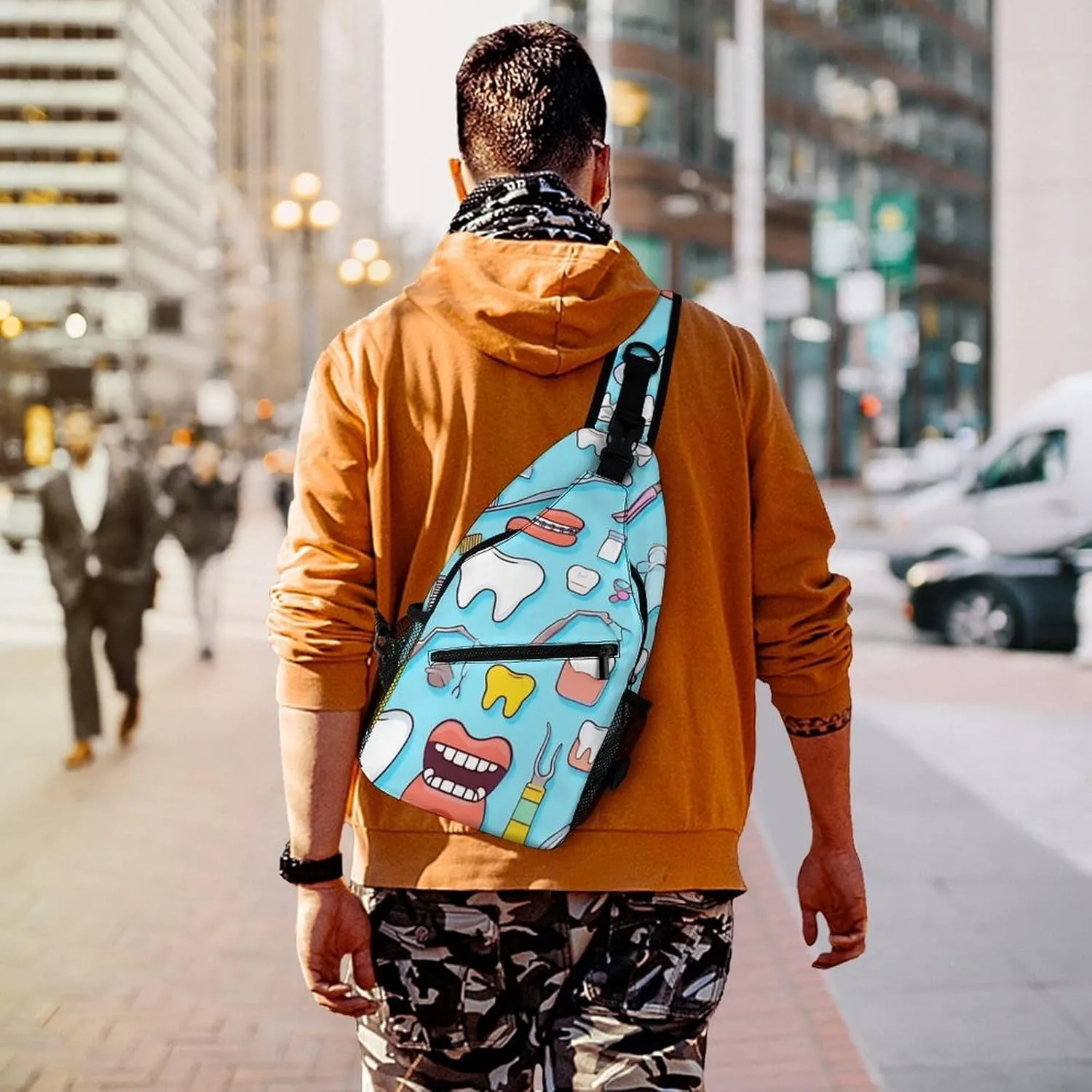 Unisex Sports Crossbody Bags, Portable Large Capacity Teeth Dental Seamless Pattern Blue Sling Bag Shoulder Backpack Chest Bag with Buckles and Pockets for Hiking